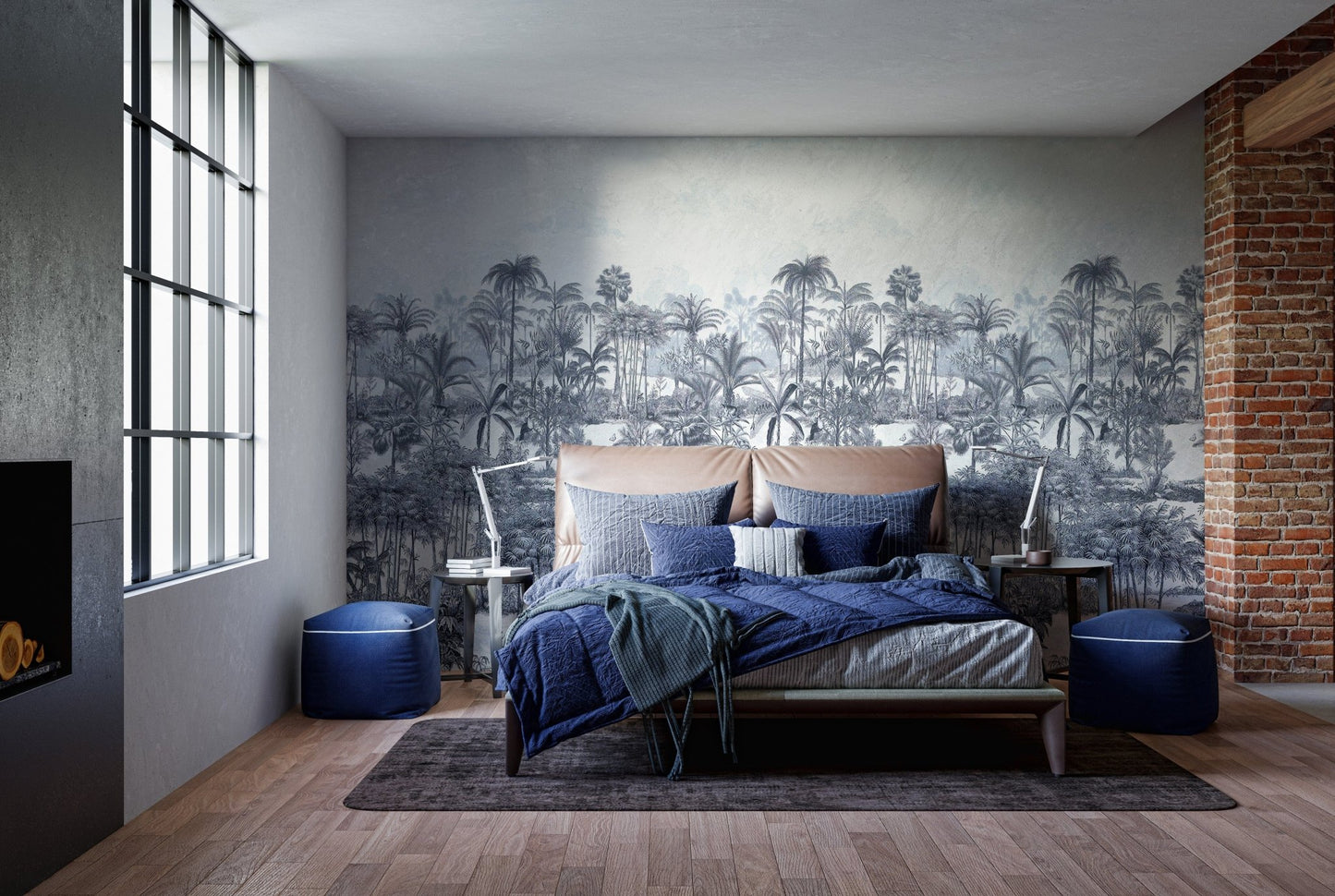 Vibrant palm tree wall mural with blue shades A442

