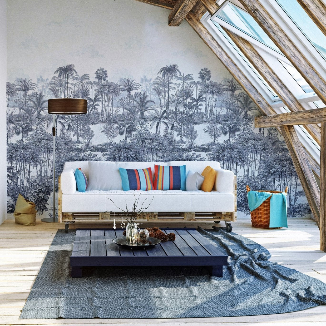 Scenic blue palm trees wallpaper mural tones A442
