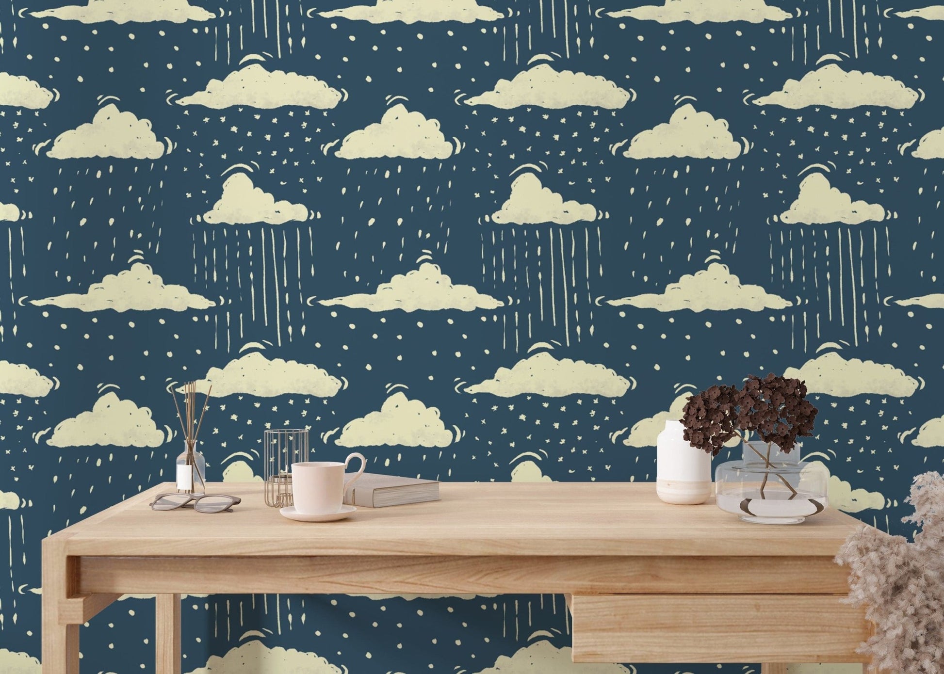 Sophisticated blue sky and rainy clouds mural for modern spaces. RNM79
