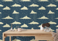 Sophisticated blue sky and rainy clouds mural for modern spaces. RNM79
