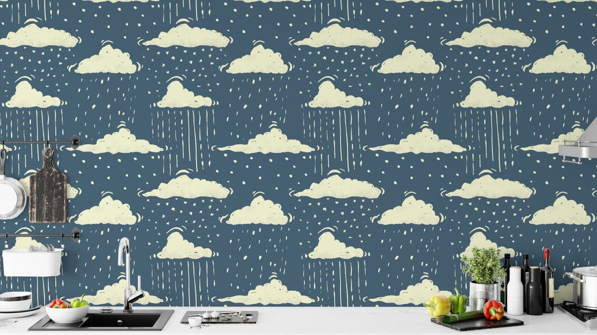 Serene blue sky above rainy clouds wallpaper for tranquil decor. RNM79
