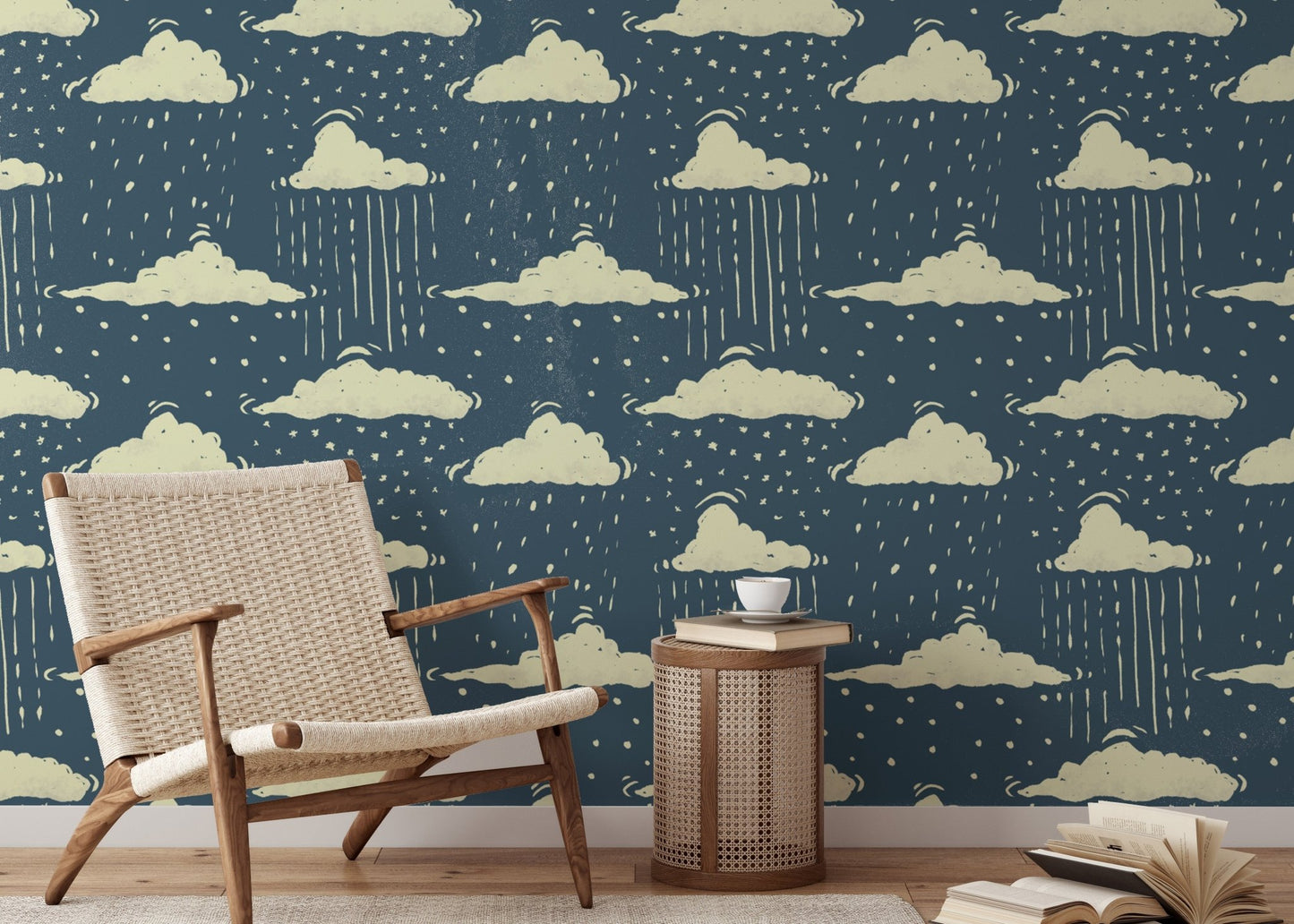 Whimsical blue sky and rainy clouds mural for dreamy interiors. RNM79
