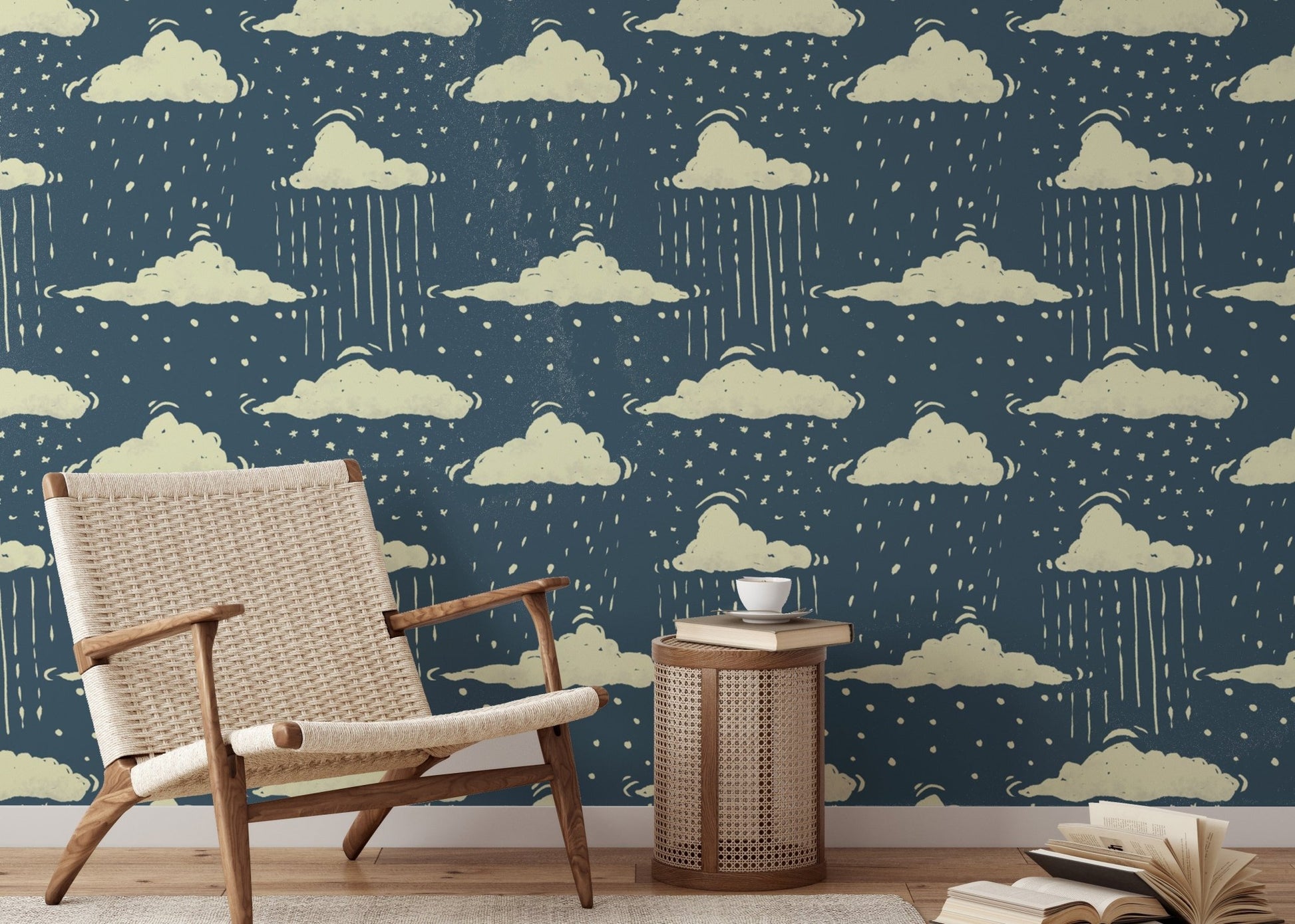 Whimsical blue sky and rainy clouds mural for dreamy interiors. RNM79
