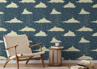 Whimsical blue sky and rainy clouds mural for dreamy interiors. RNM79
