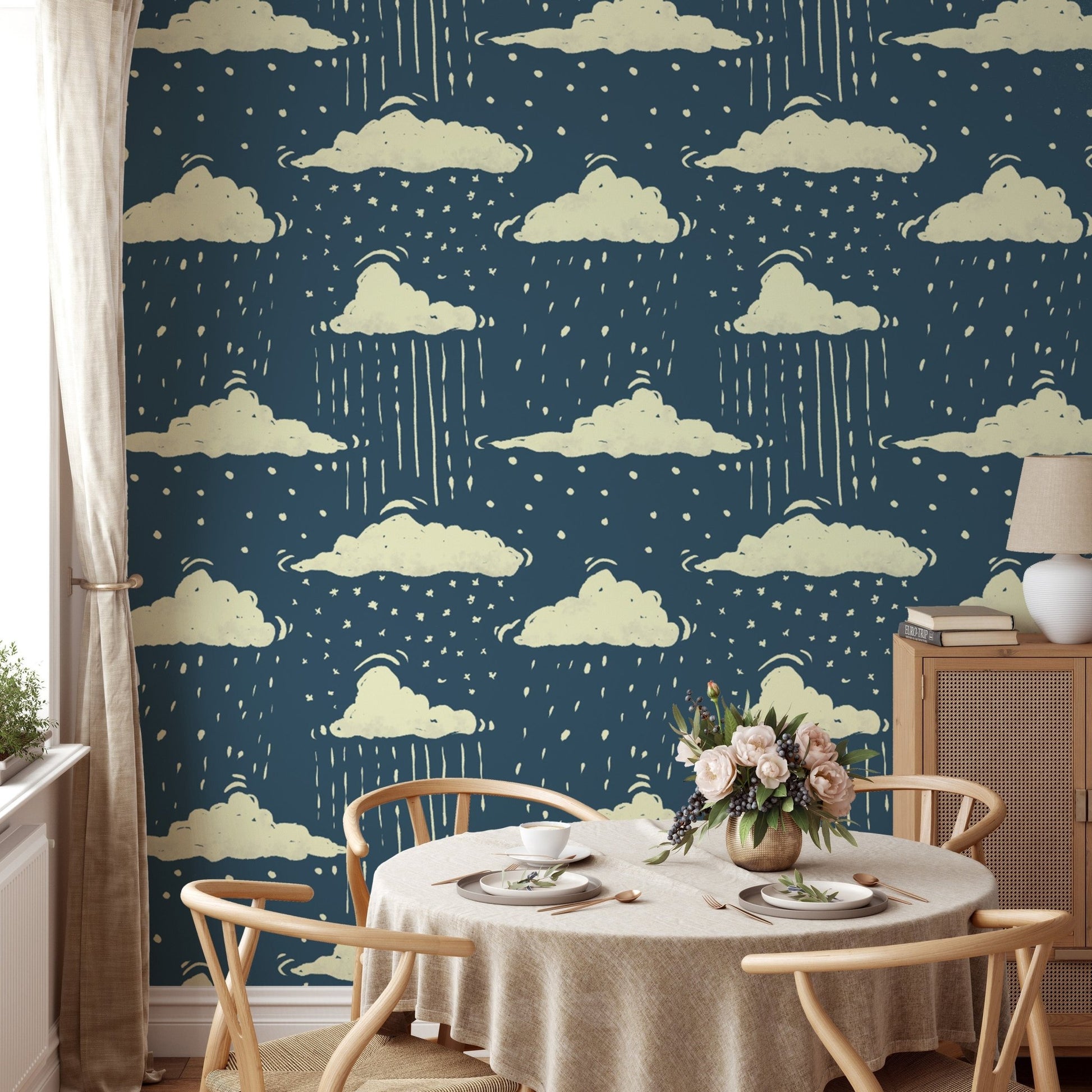 Artistic blue sky above rainy clouds wallpaper for unique wall design. RNM79
