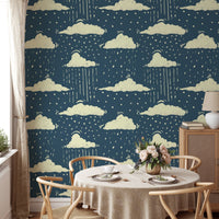 Artistic blue sky above rainy clouds wallpaper for unique wall design. RNM79
