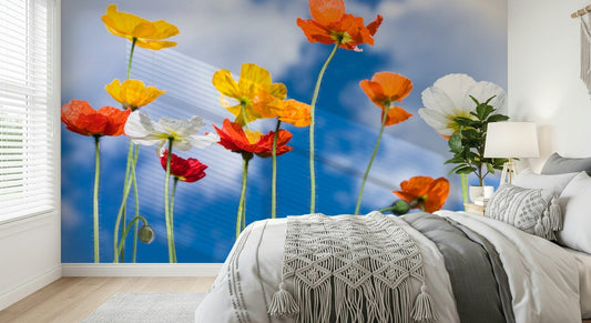 Floral Blue Sky Bouquet wall covering cheerful colorful bloom.