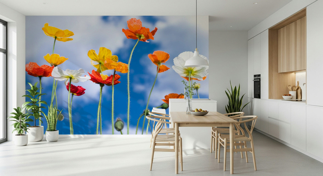 Blue Sky Bouquet wallpaper mural vibrant poppy flowers up close.