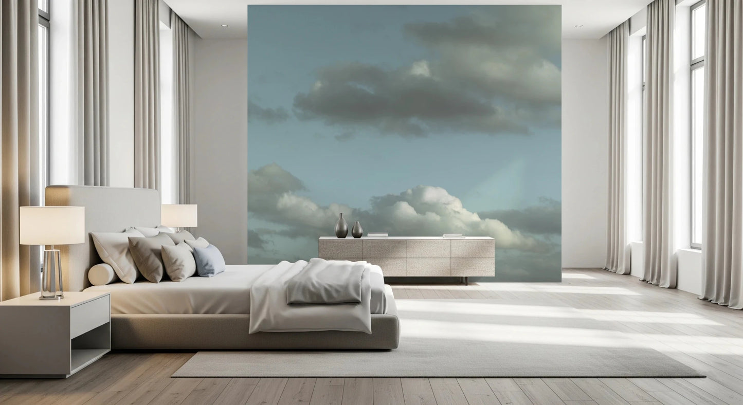 This restful bedroom features Blue Sky Wall Mural with layered clouds and pale blue tones, GD8868