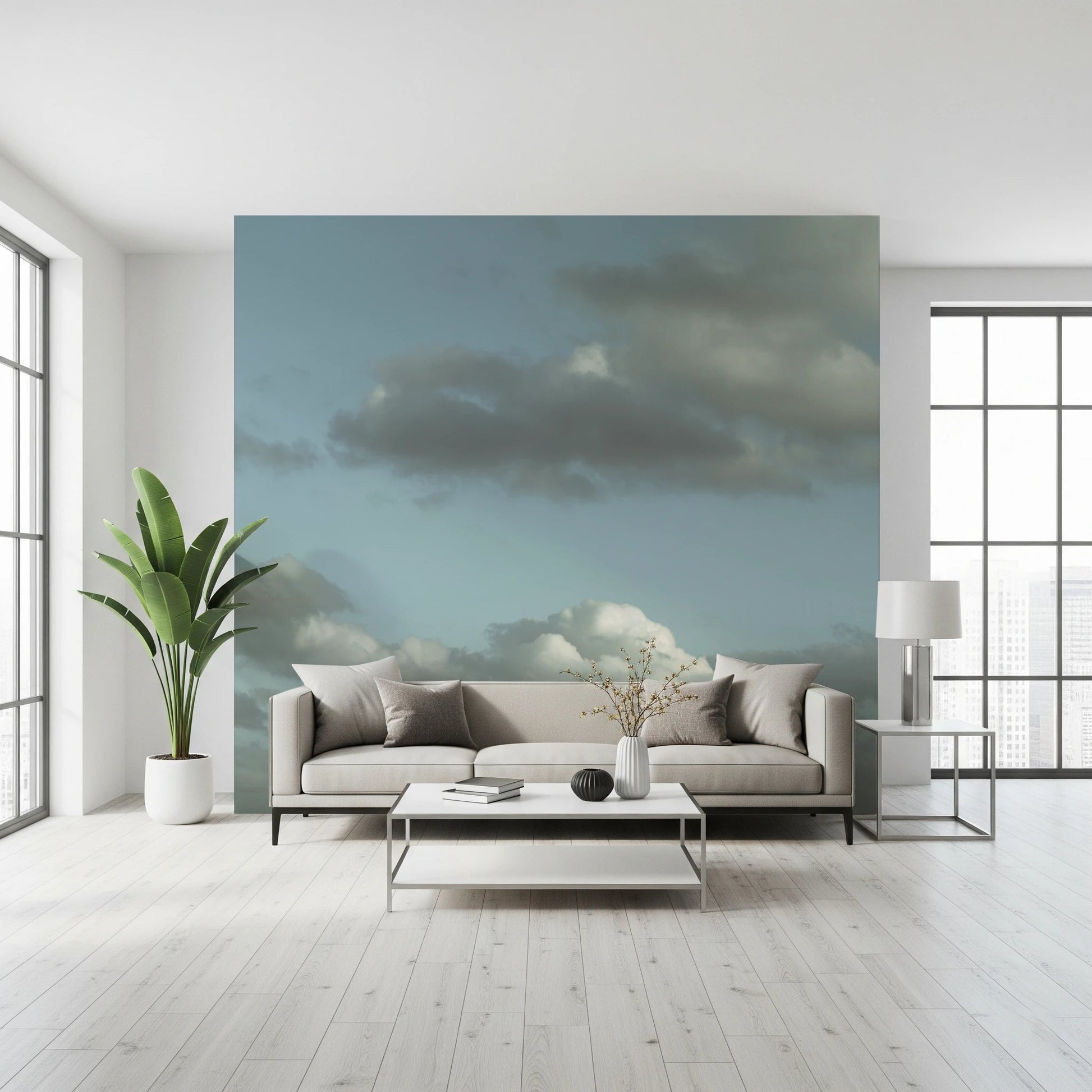 A fresh Living room setting finished with Blue Sky Wall Mural and a tranquil cloud backdrop, GD8868