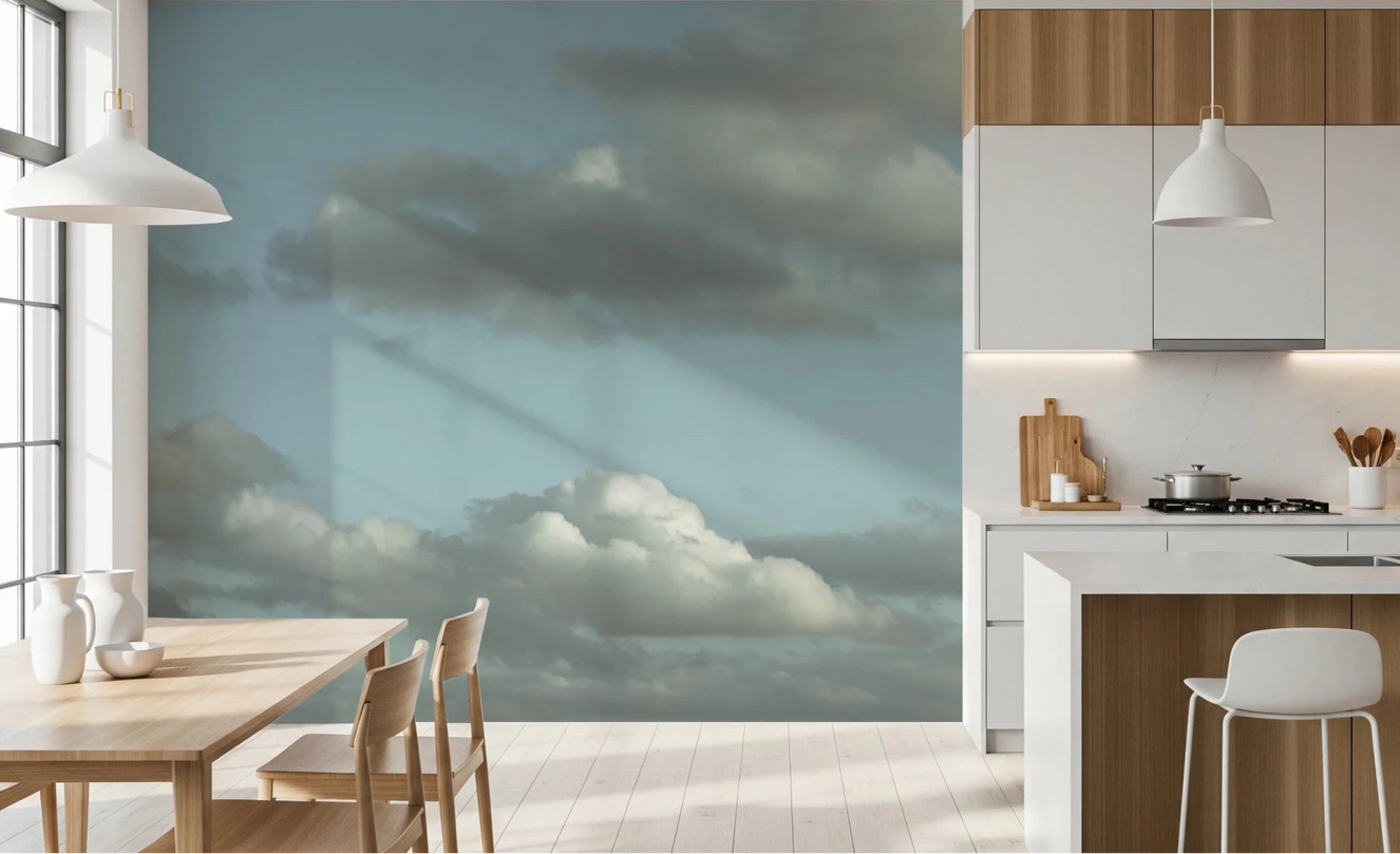 Blue Sky Wall Mural bringing a calm cloud view into a bright kitchen dining corner