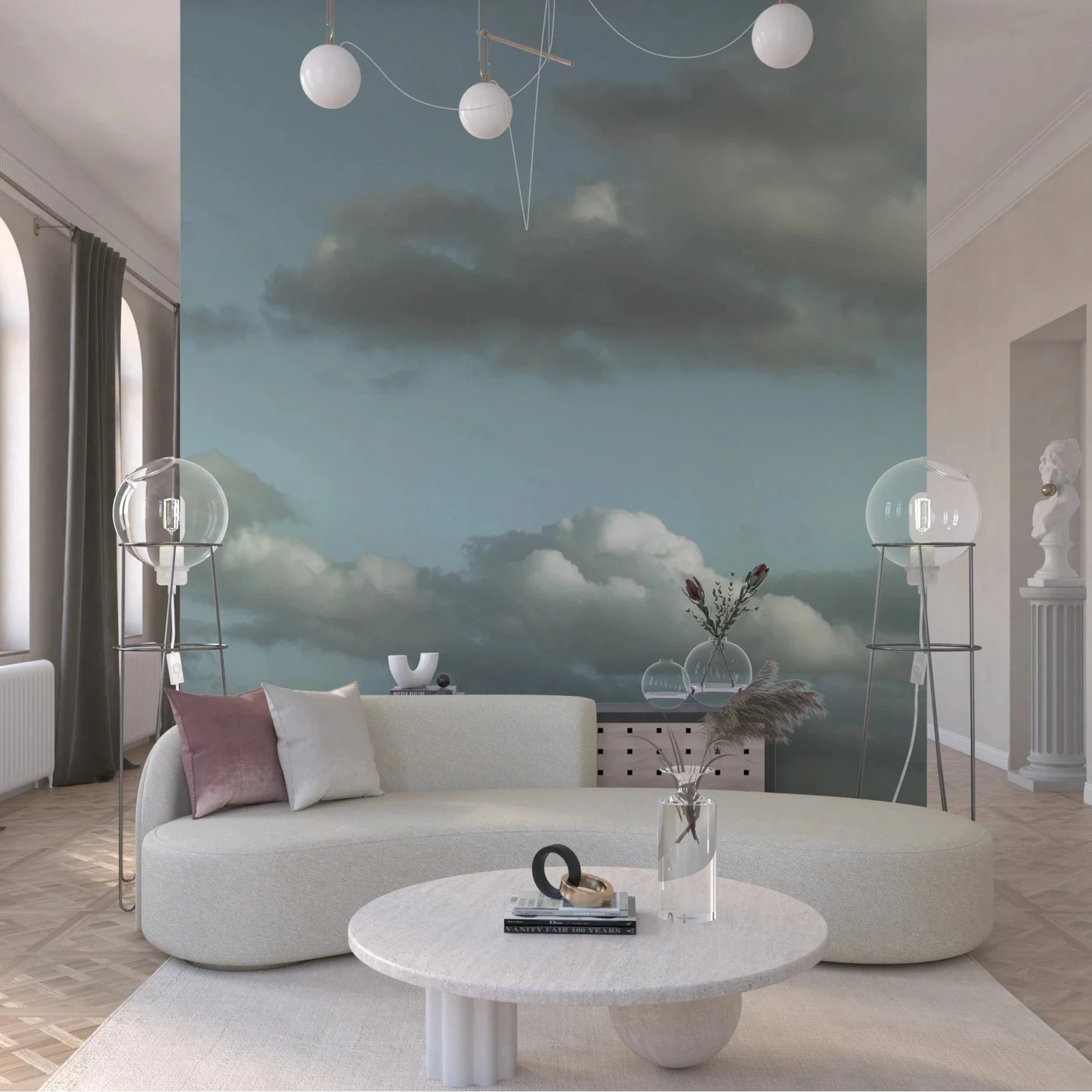 A round Living nook framed by Blue Sky Wall Mural and a gentle blue cloud horizon, GD8868