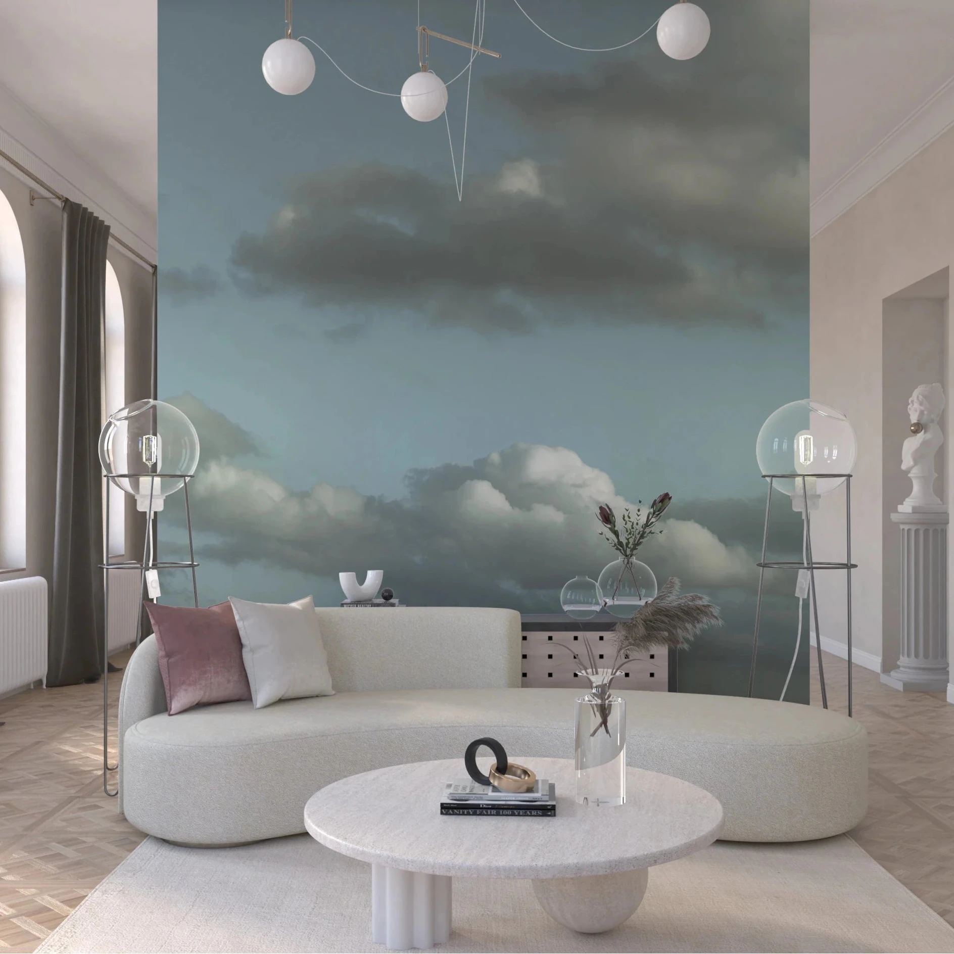 A round Living nook framed by Blue Sky Wall Mural and a gentle blue cloud horizon, GD8868