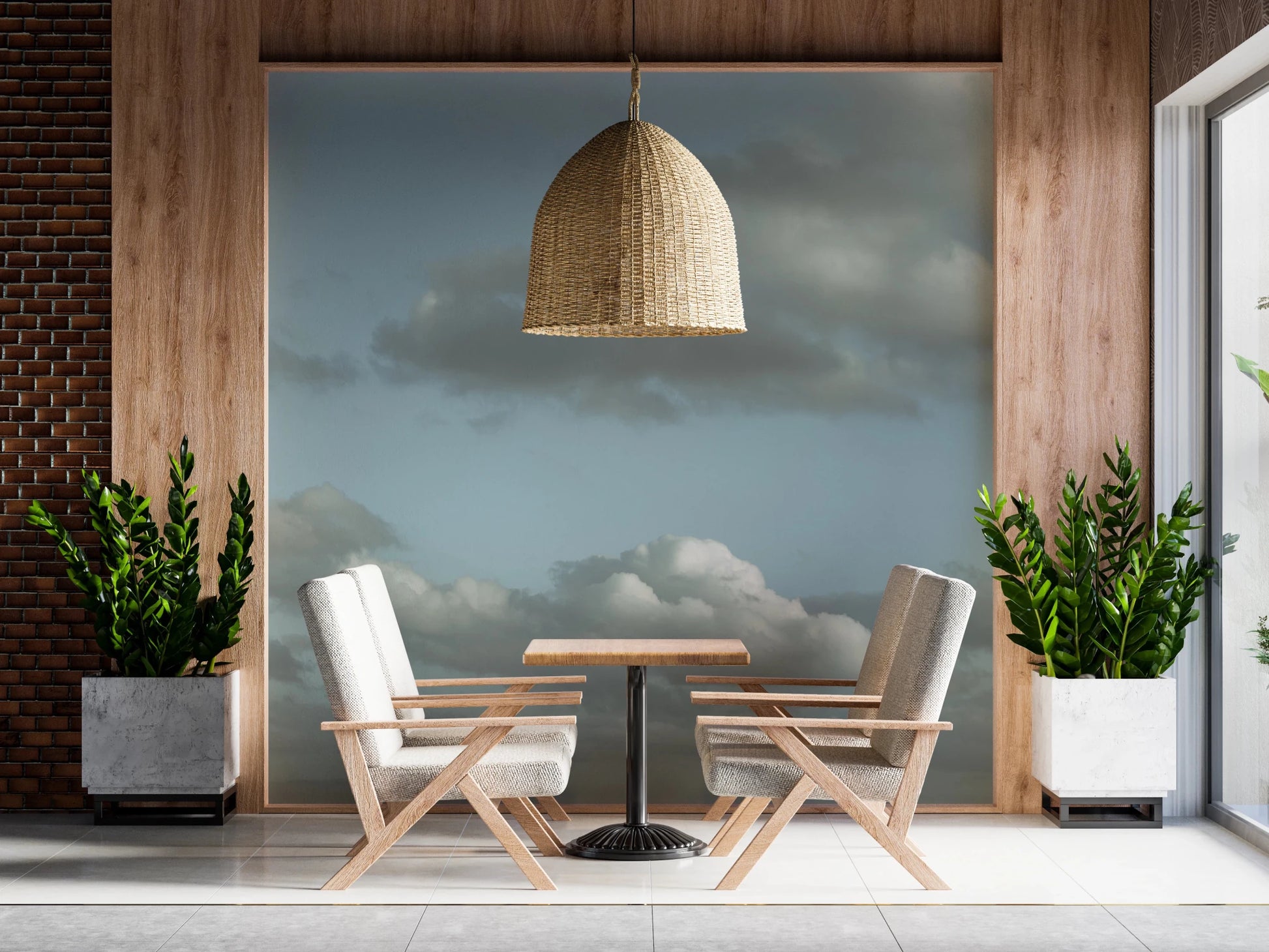 Cloudy sky tones in Blue Sky Wall Mural soften this Dining room with a calm scenic look, GD8868