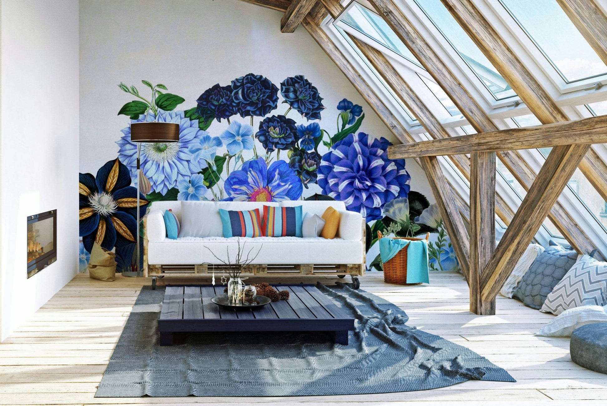 The flowers are in shades of blue and possibly other complementary colors.

