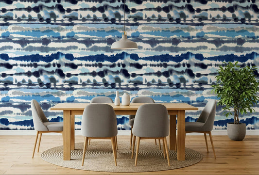 Dining room feels polished with Blue Tide wallpaper and serene ink-brushed rhythm