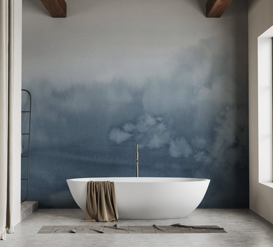 Blue Tone Ombre mural creates a refreshing spa-like bathroom. C373