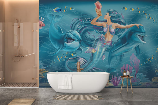 Mermaid and dolphins underwater wallpaper A774