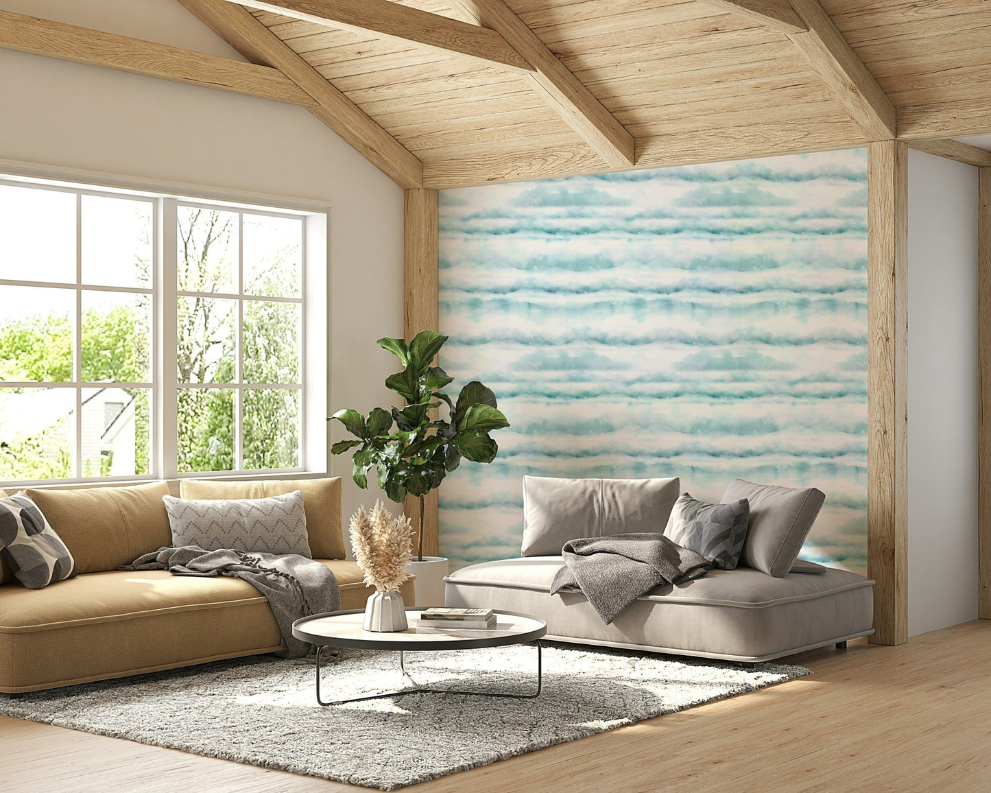 Wall mural with an artistic cloud design.
