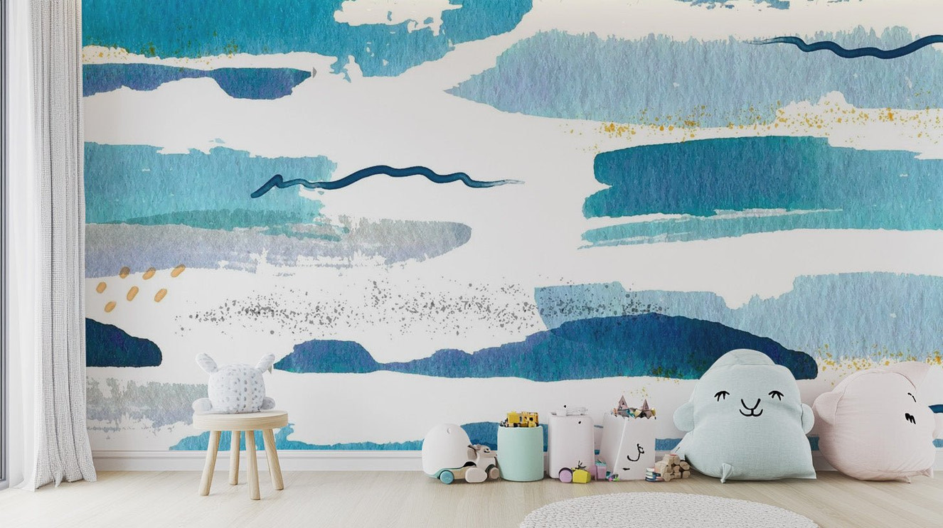 Blue watercolor strokes for kids room murals

