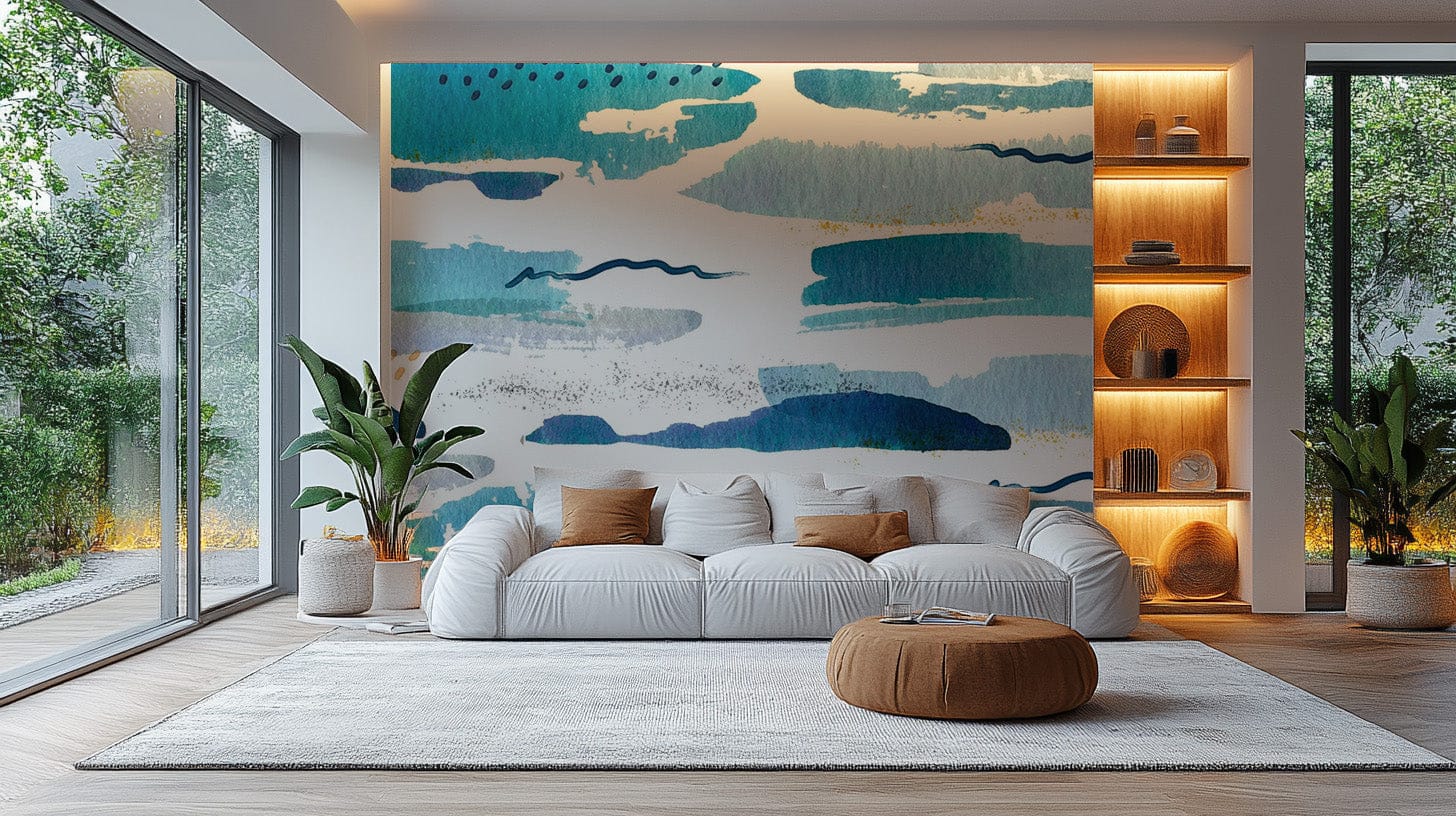 Watercolor stroke nursery mural in blue hues
