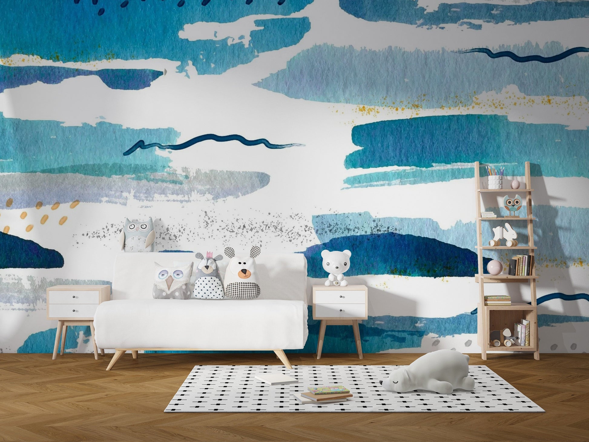 Watercolor-inspired blue nursery wallpaper
