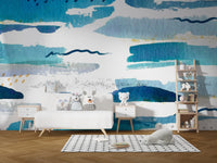 Watercolor-inspired blue nursery wallpaper
