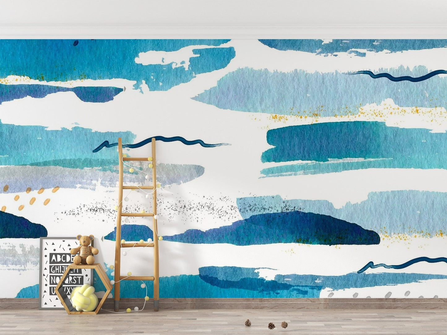 Hand-painted blue mural for kids room décor
