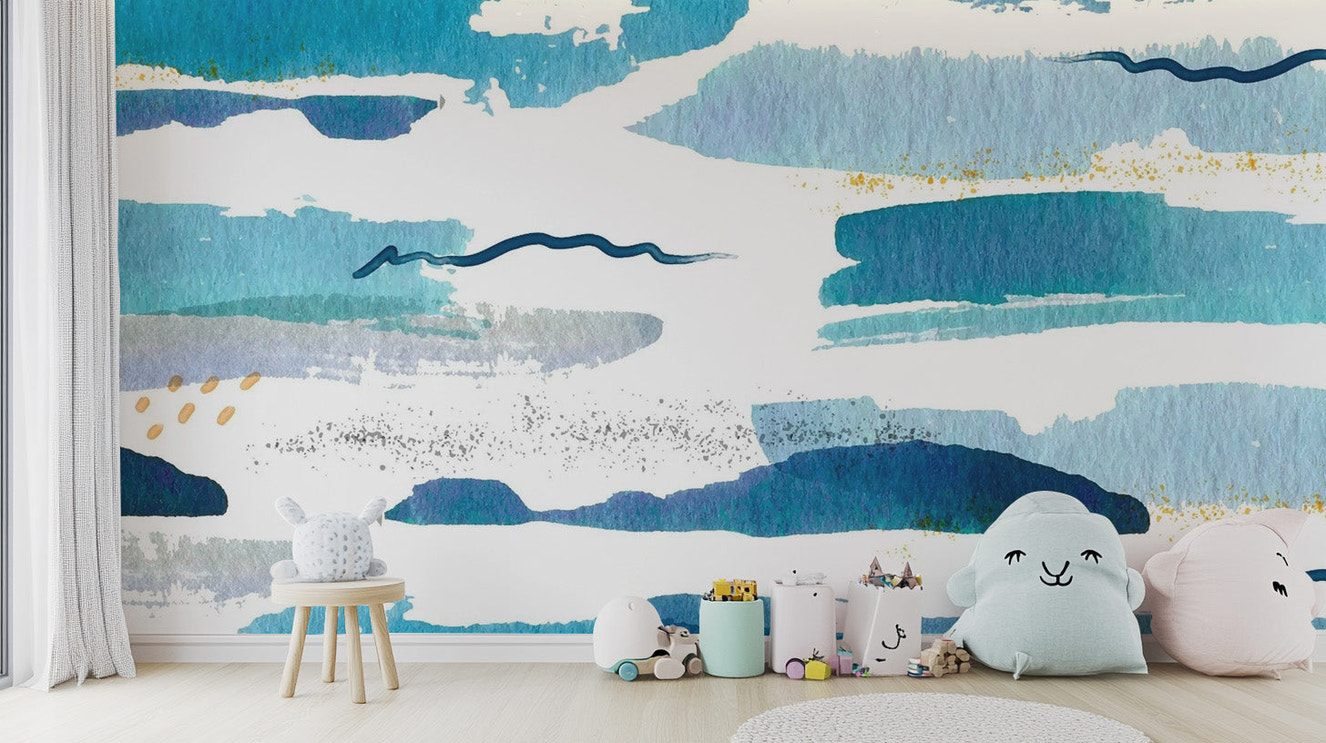 Blue watercolor strokes for kids room murals

