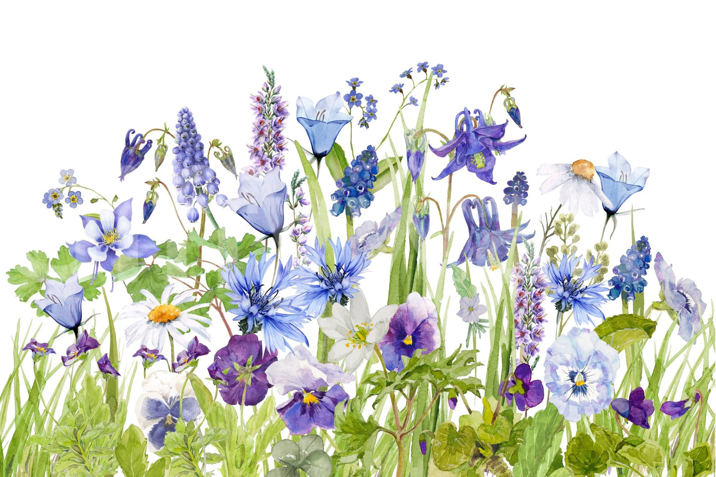 Blue Watercolor Wildflower Meadow  Wall Mural