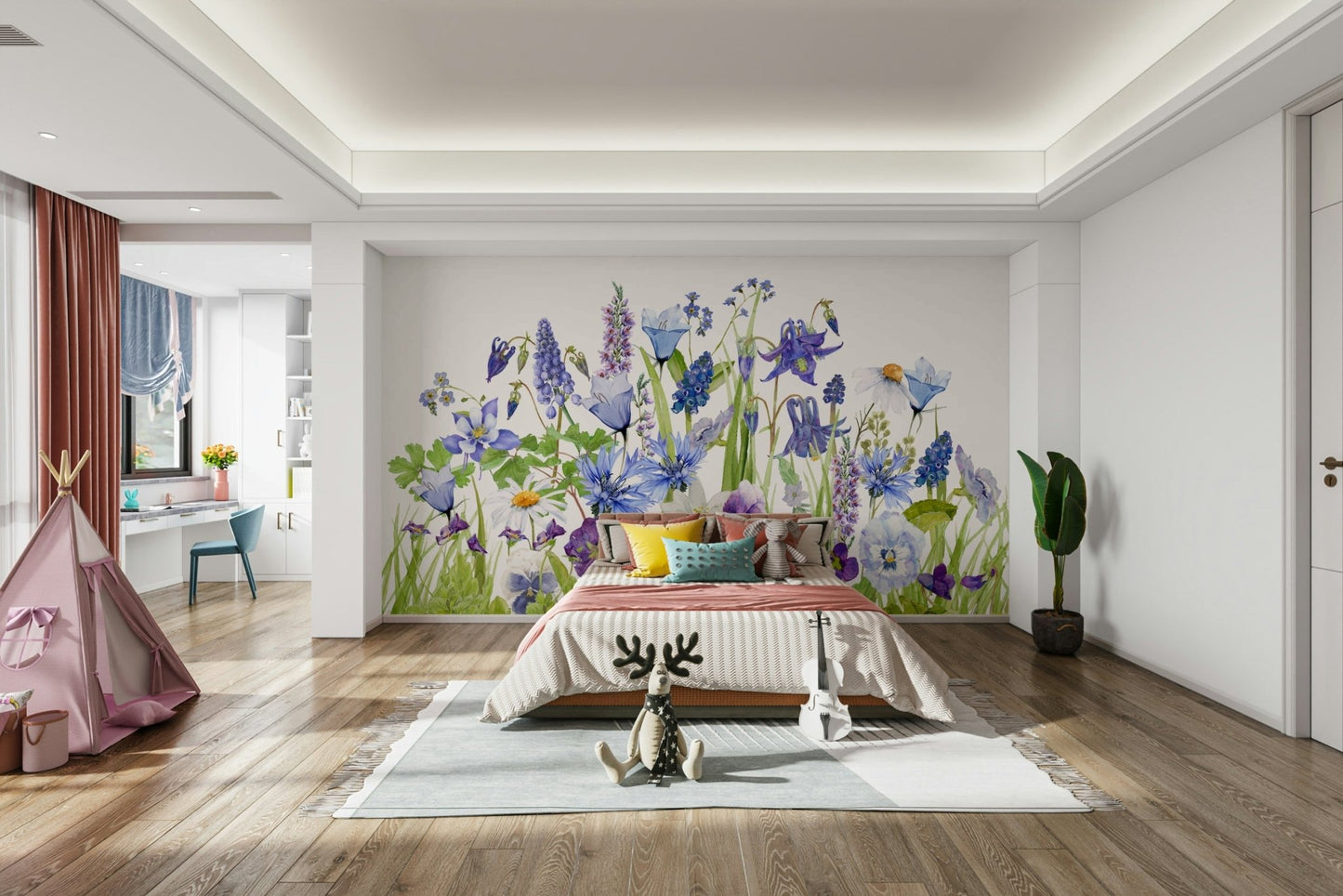 Blue Watercolor Wildflower Meadow  Wall Mural