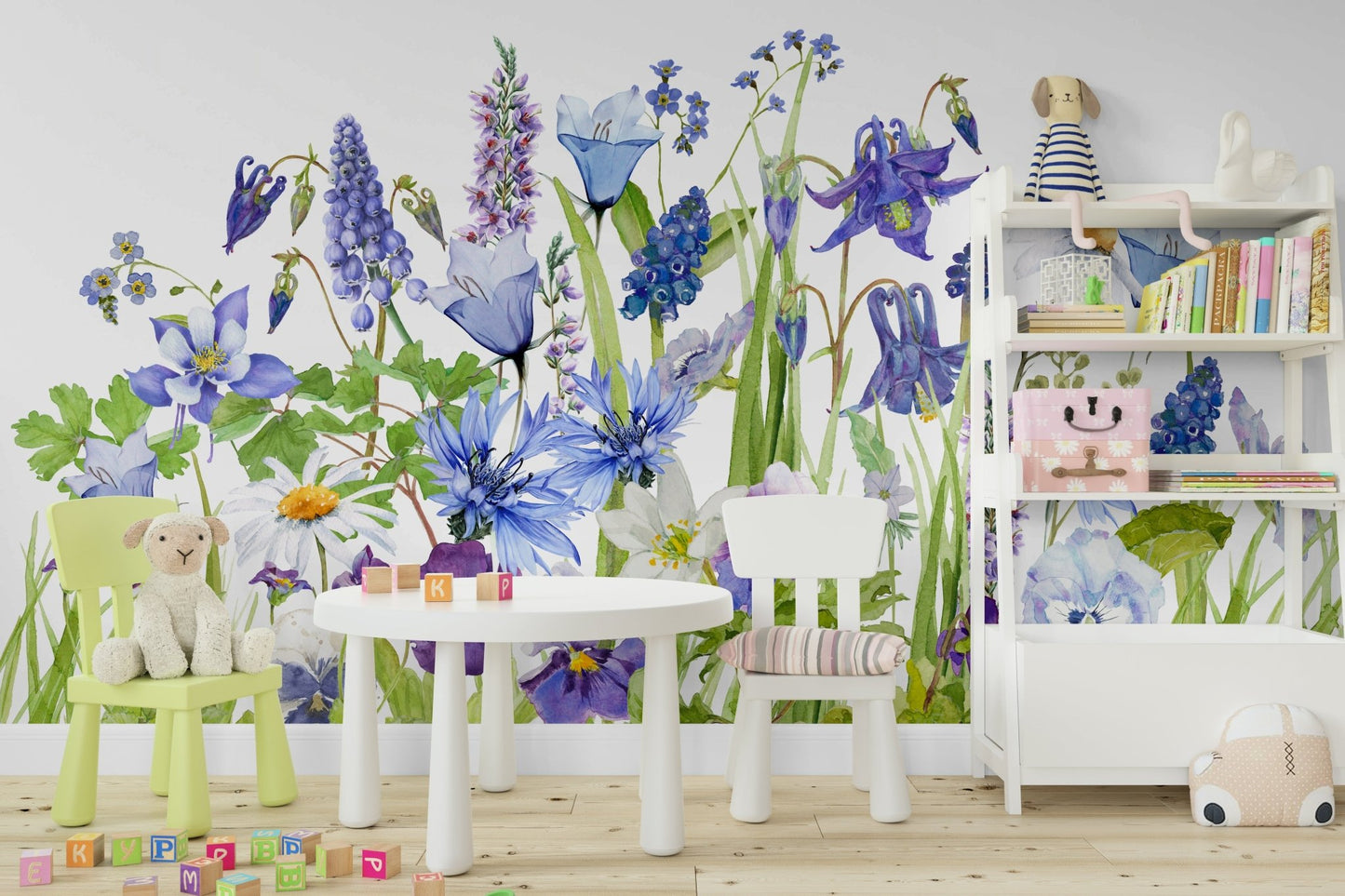 Blue Watercolor Wildflower Meadow  Wall Mural