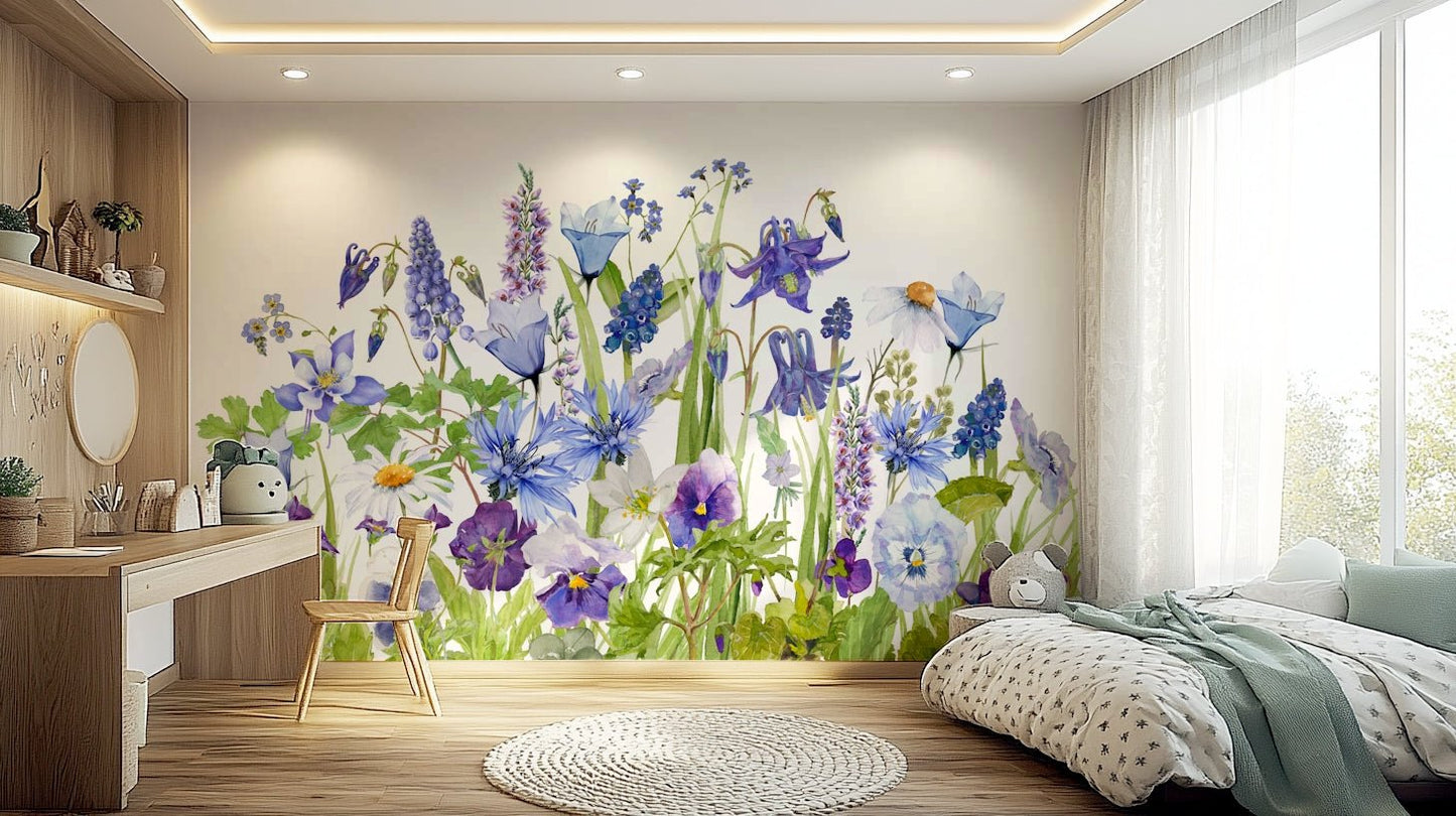 Blue Watercolor Wildflower Meadow  Wall Mural