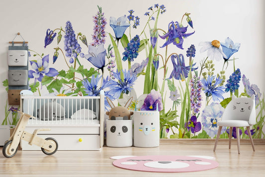 Blue Watercolor Wildflower Meadow  Wall Mural