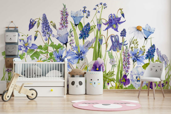 Blue Watercolor Wildflower Meadow  Wall Mural GD3930