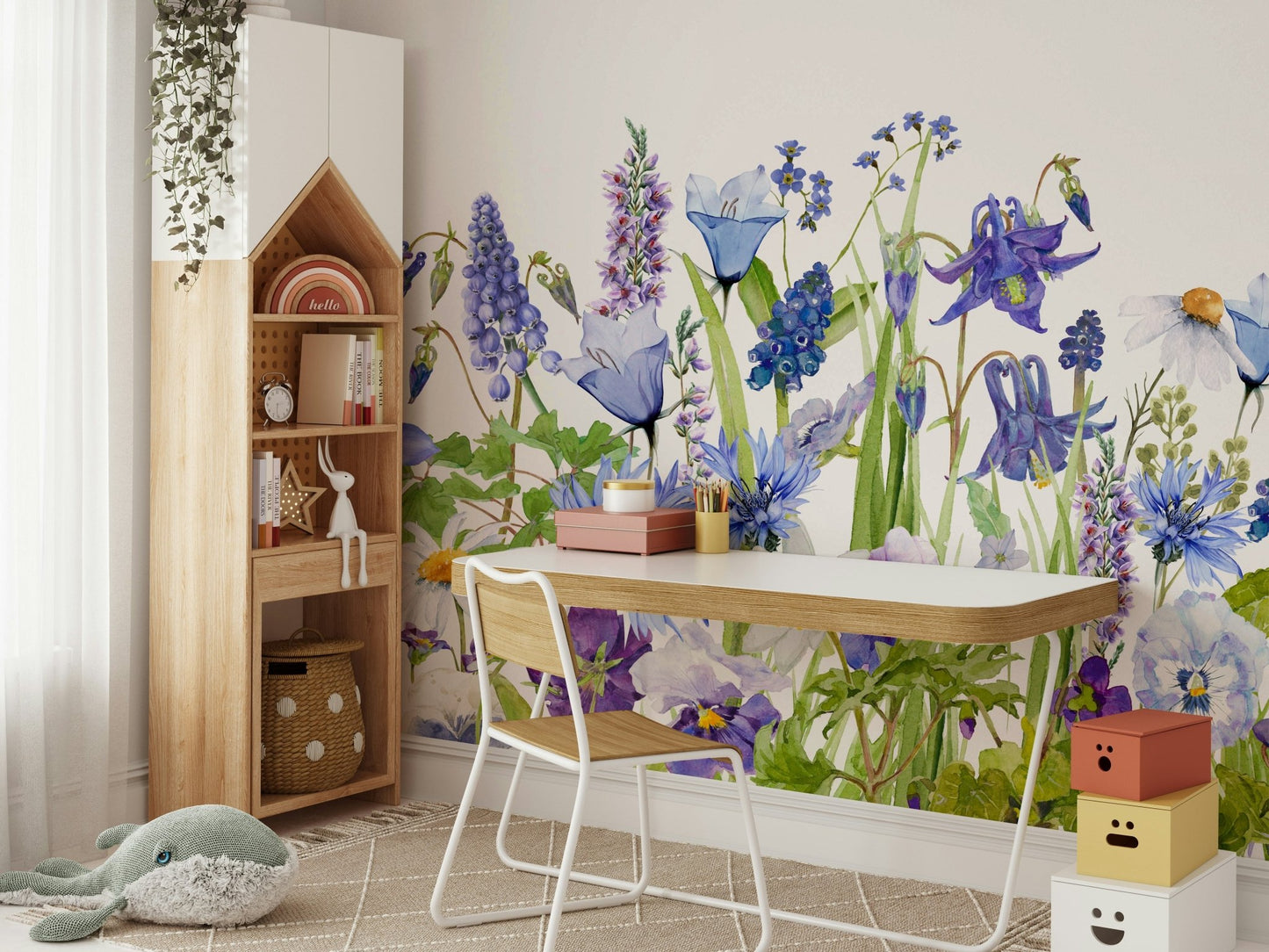Blue Watercolor Wildflower Meadow  Wall Mural