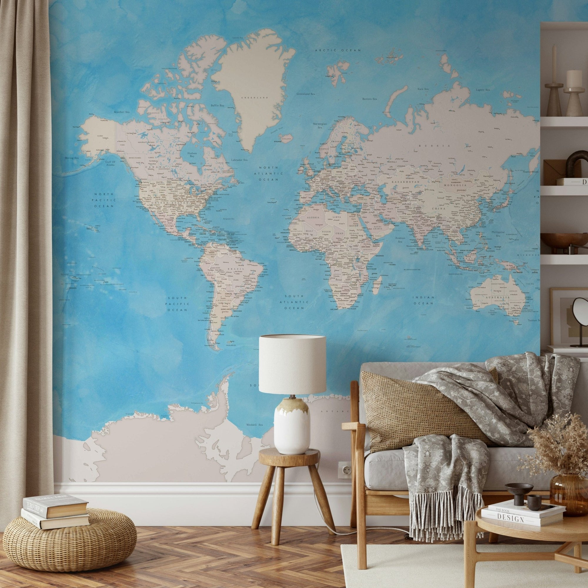 Blue watercolor world map wall art GD192


