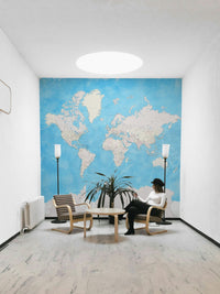 Artistic blue watercolor map mural


