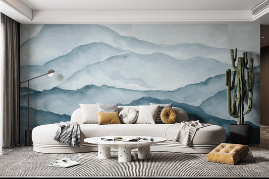Blue Watercolor Mountain Mural adds charm to the living room C374