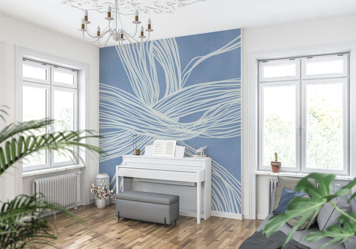 Blue Weave Wall Mural, abstract white lines, tangled flowing ribbon design.