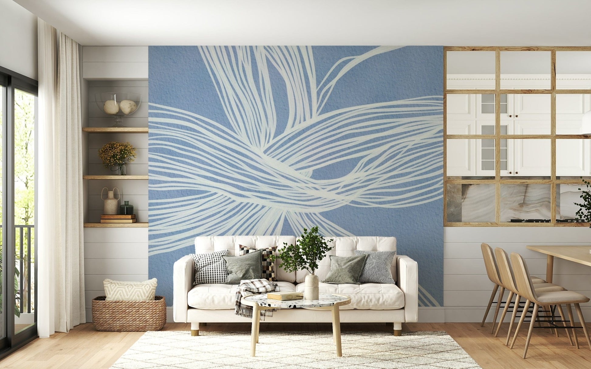 Abstract white line design, dynamic weave, Blue Weave Wall Mural, artistic impact.
