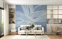 Abstract white line design, dynamic weave, Blue Weave Wall Mural, artistic impact.