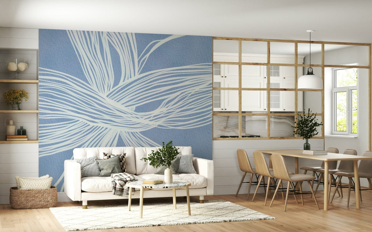 Linear abstract wallpaper, sophisticated tangle, Blue Weave Wall Mural.