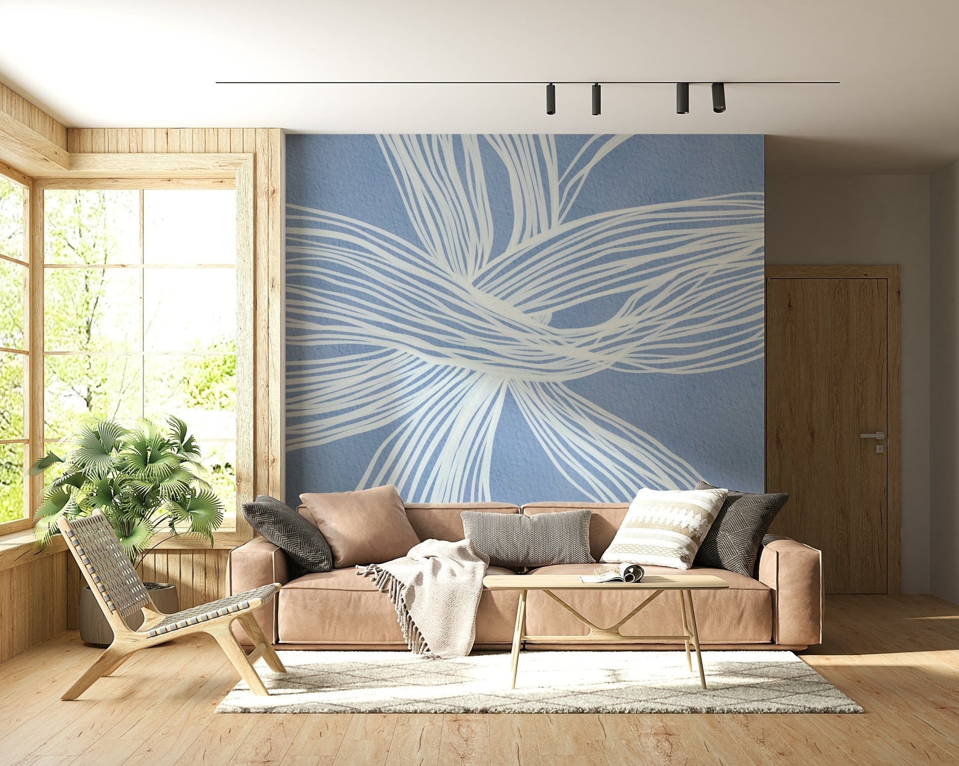 Modern aesthetic wallpaper mural, intersecting white strands, serene blue background.