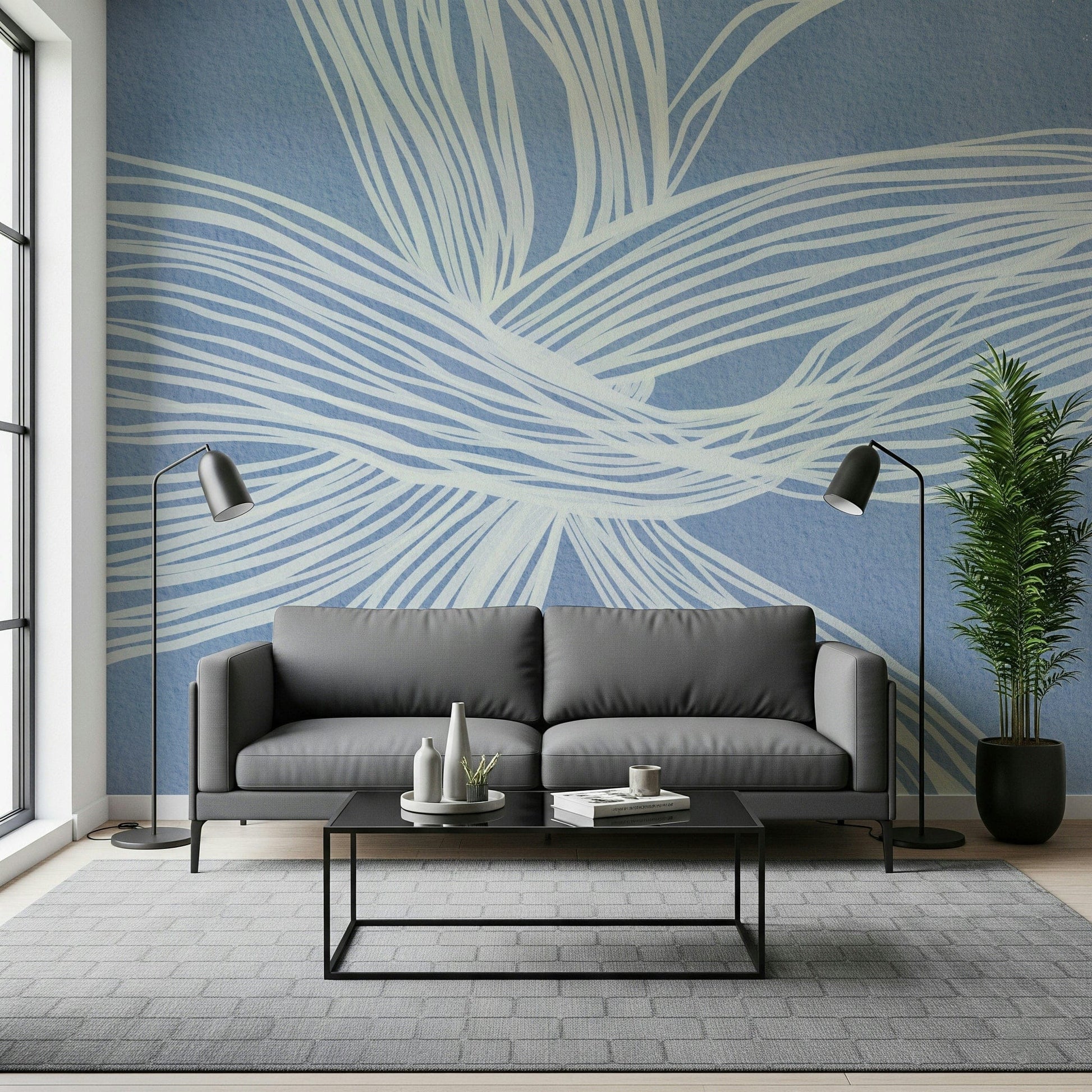 Abstract line art, intricate woven pattern, Blue Weave Wall Mural, subtle texture.