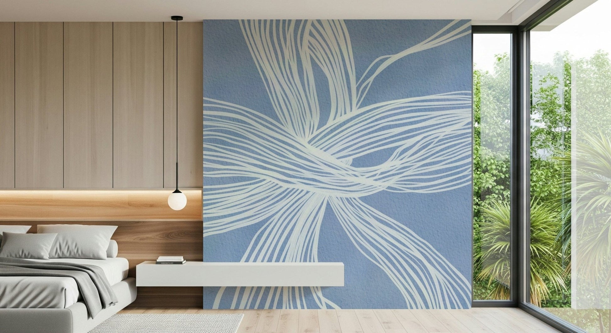 Contemporary Blue Weave, flowing ribbon motif, stylish wall covering accent.