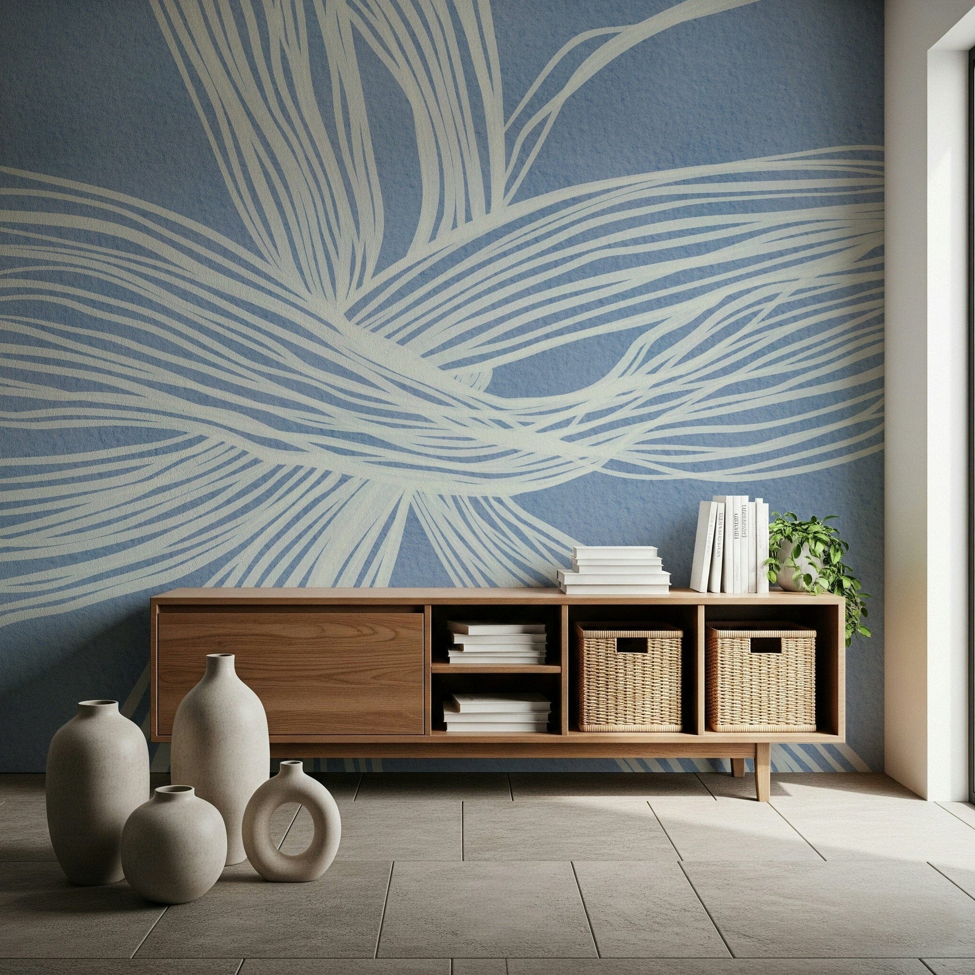 Blue Weave Wall Mural, calming blue tone, stylized knotted ribbon wall decor.