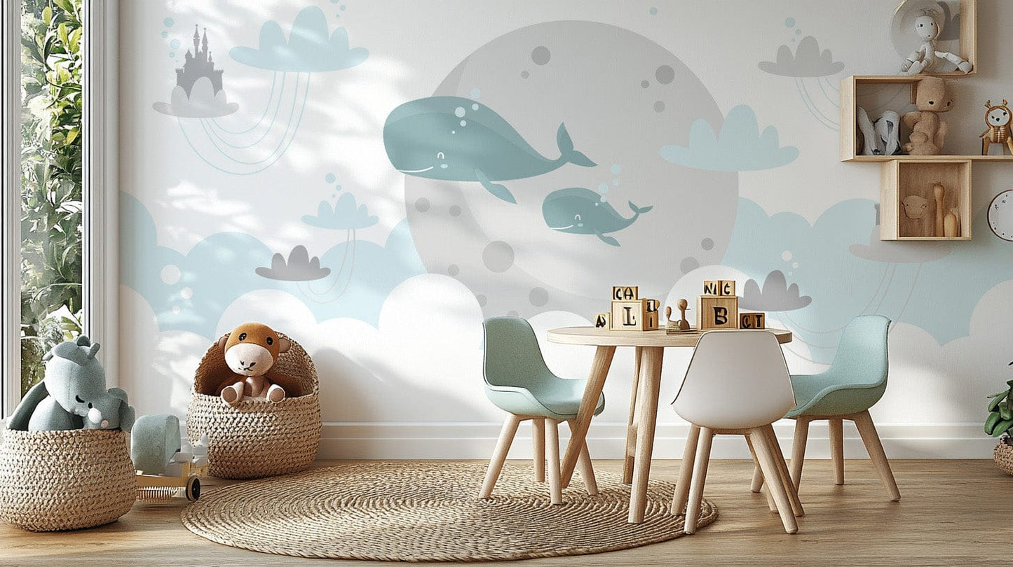 Soft pastel sky whale mural design
