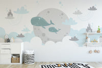 Flying whale wallpaper with castles
