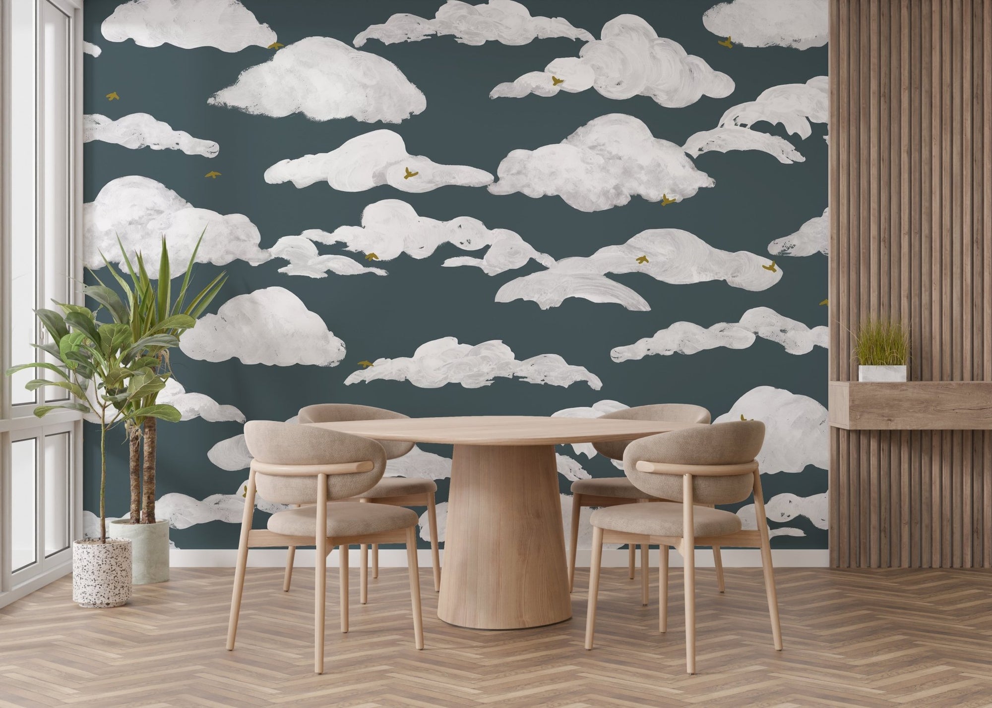 Dreamy blue wallpaper with white cloud patterns for walls, C23
